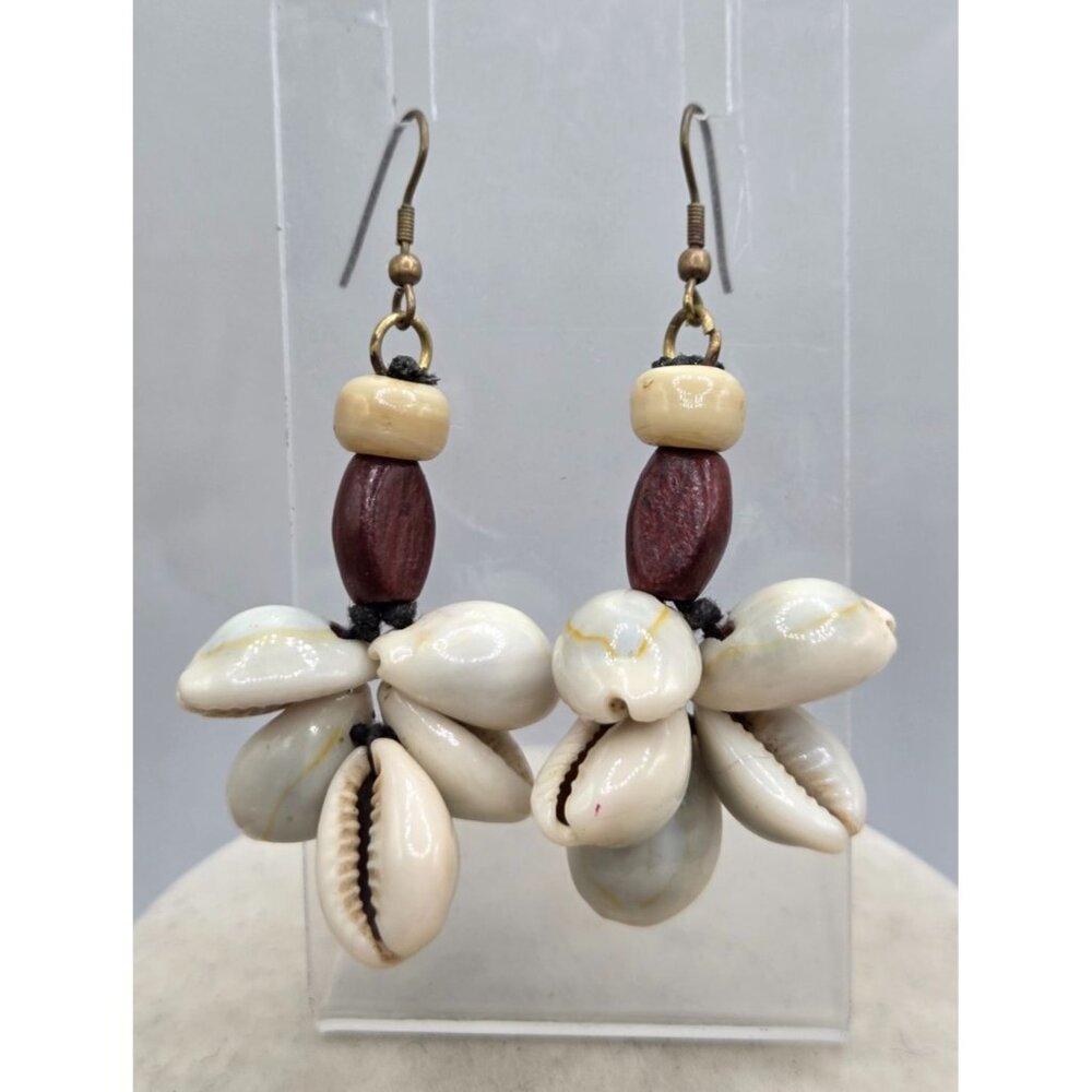 Cowrie Shell Earrings - Brown, Cowry Shell, Earrings With Wood Bead Accents